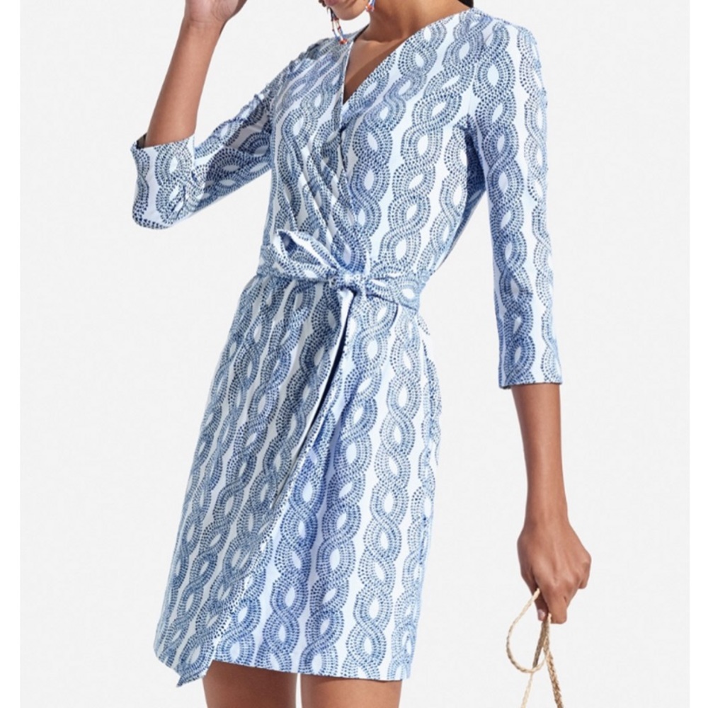 Persifor Wm S Blue White Rope Print Nautical Preppy 3/4 Sleeve Louise Wrap Dress